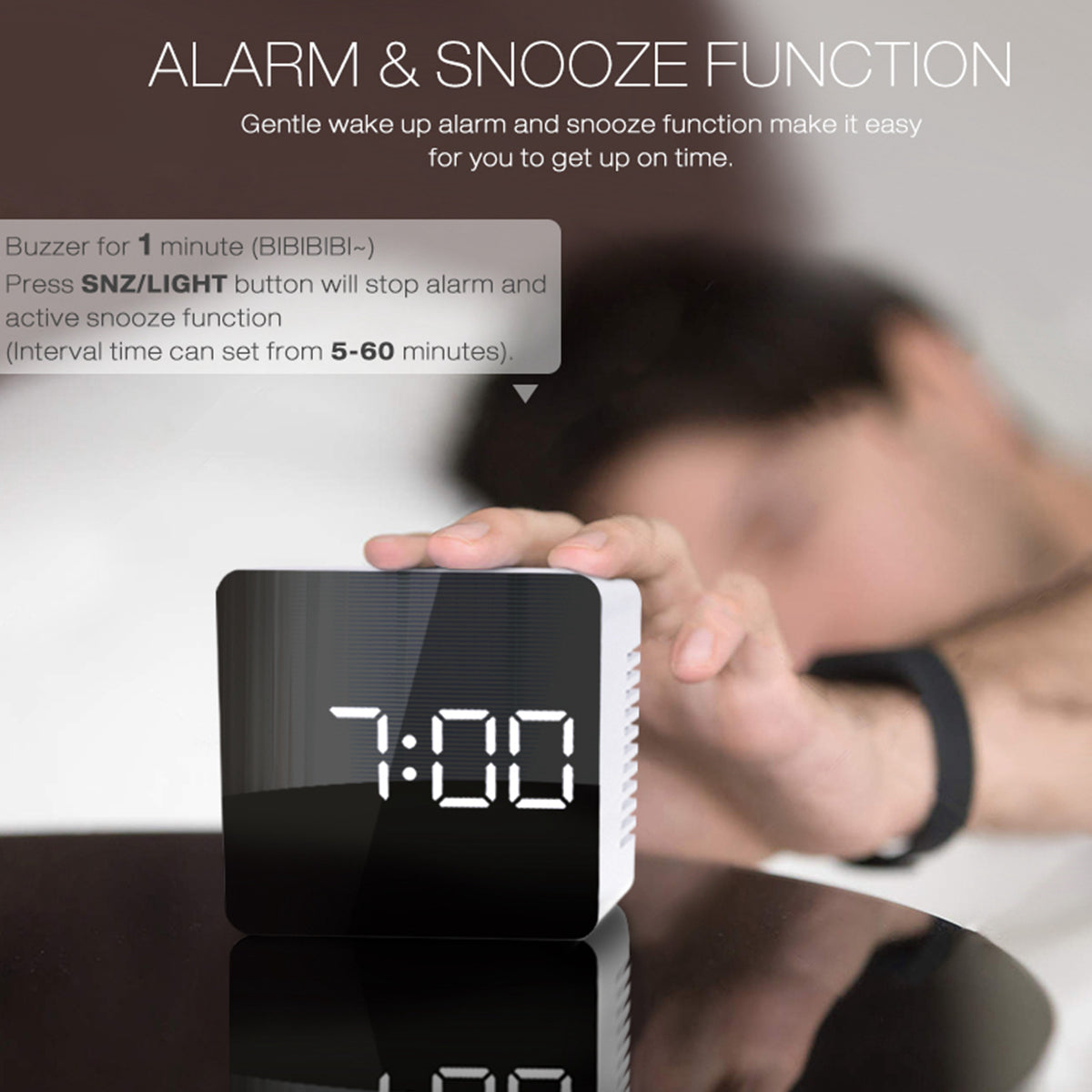 Mini Rectangle Square Mirror Clock - Electronic Alarm Desk Table Clock