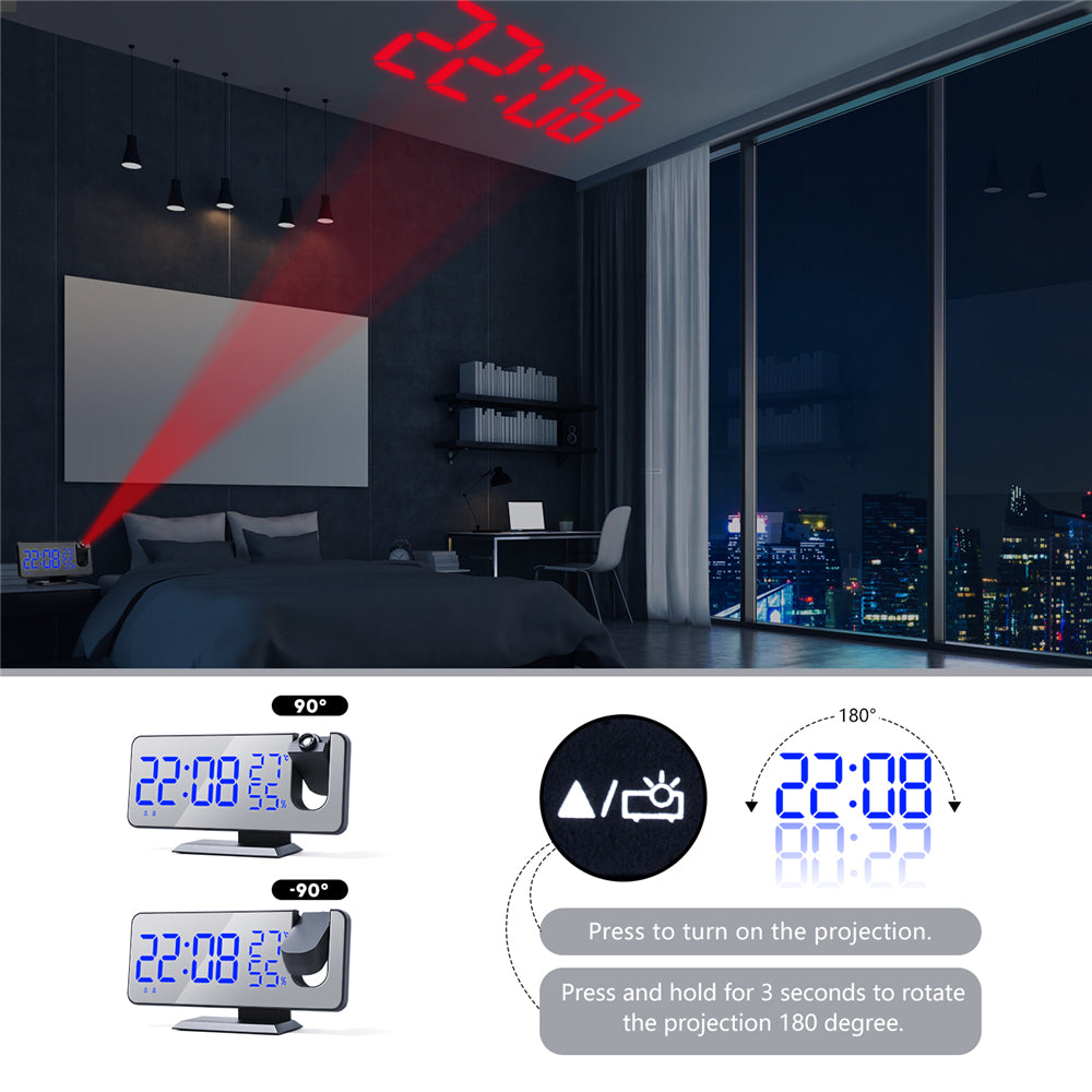 Rechargeable LED Mirror Alarm Clock with Big Screen, Temperature, Humidity Display, Radio, and Time Projection Function