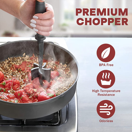 Premium Heat-Resistant Meat Chopper and Smasher for Hamburger, Ground Beef, and More - Nylon Tool with Meat Fork and Non-Stick Mix Chopper