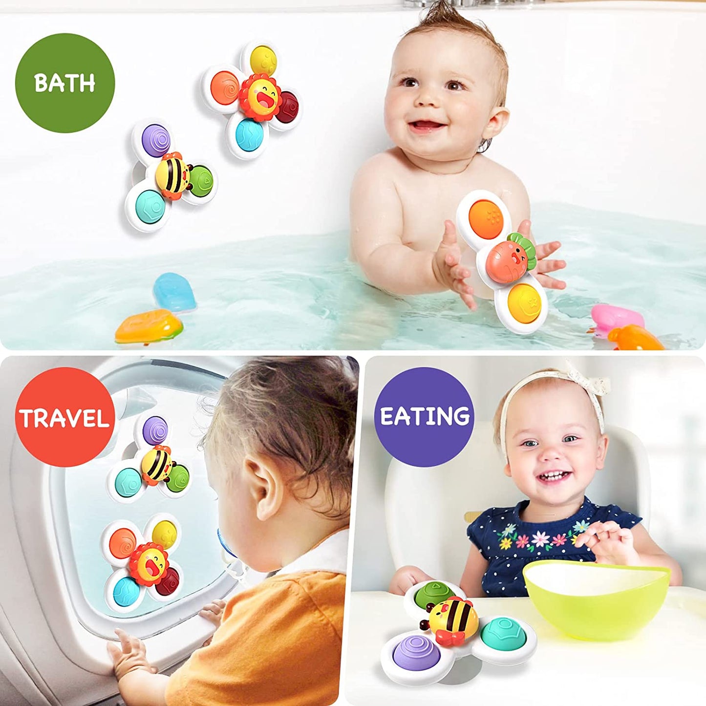 Set of 3 Suction Cup Spinner Toys for Toddlers 1-3, Baby Fidget Spinners for Sensory Learning and Fun, Ideal Bathtub and Dining Chair Toys, Perfect Birthday Gifts for Baby Boys and Girls