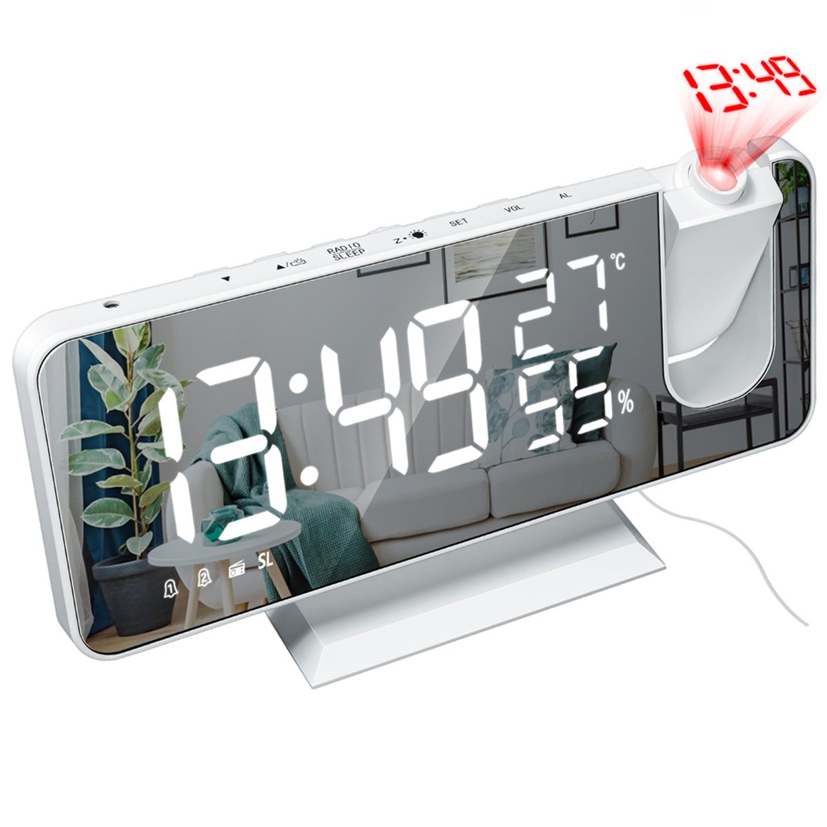 Rechargeable LED Mirror Alarm Clock with Big Screen, Temperature, Humidity Display, Radio, and Time Projection Function