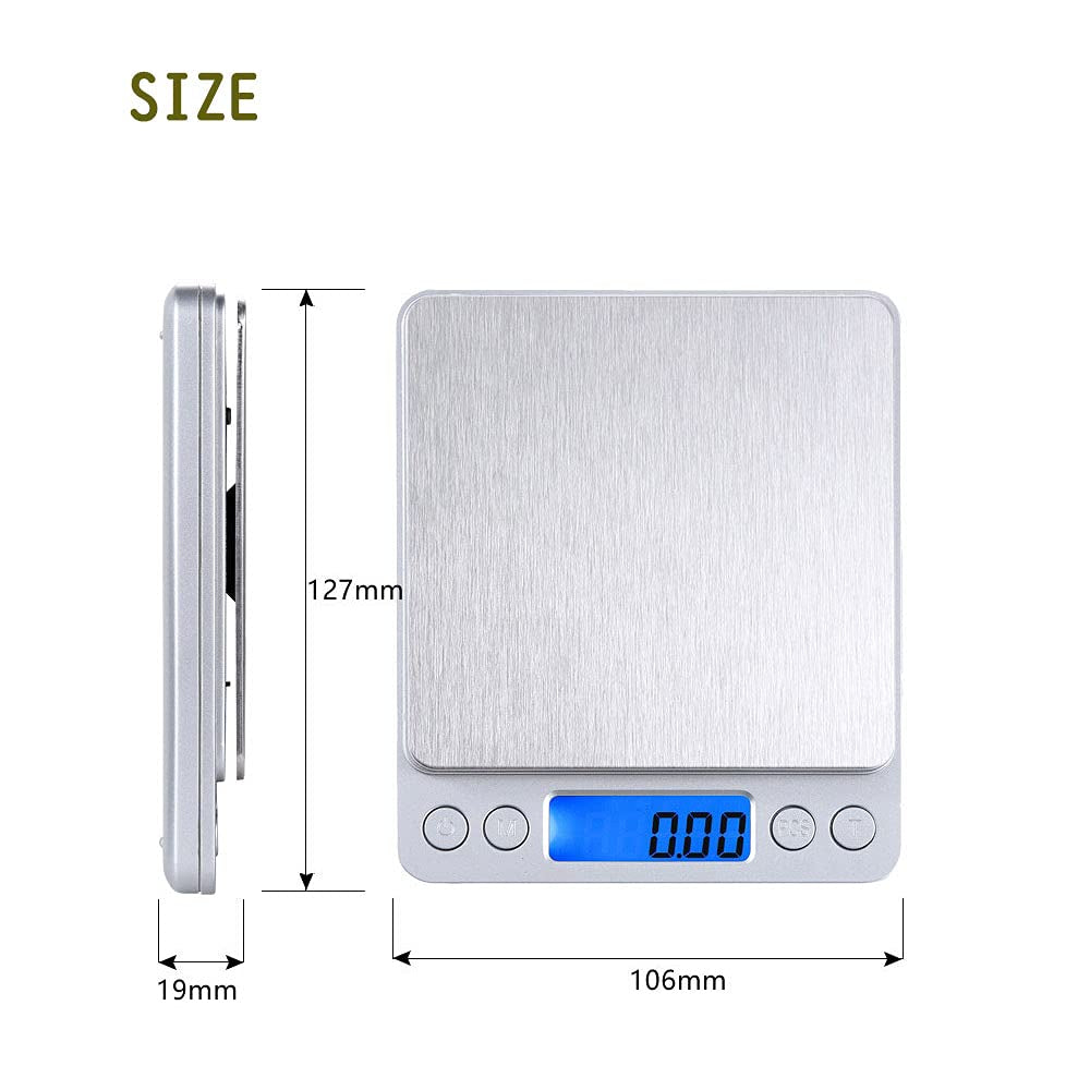 Compact Digital Kitchen Scale - 3Kg/0.1g Precision - Blue Backlit LCD - 6 Units - Auto Off - Tare & PCS Functions - Stainless Steel - Includes Battery and 150cm Soft Tape