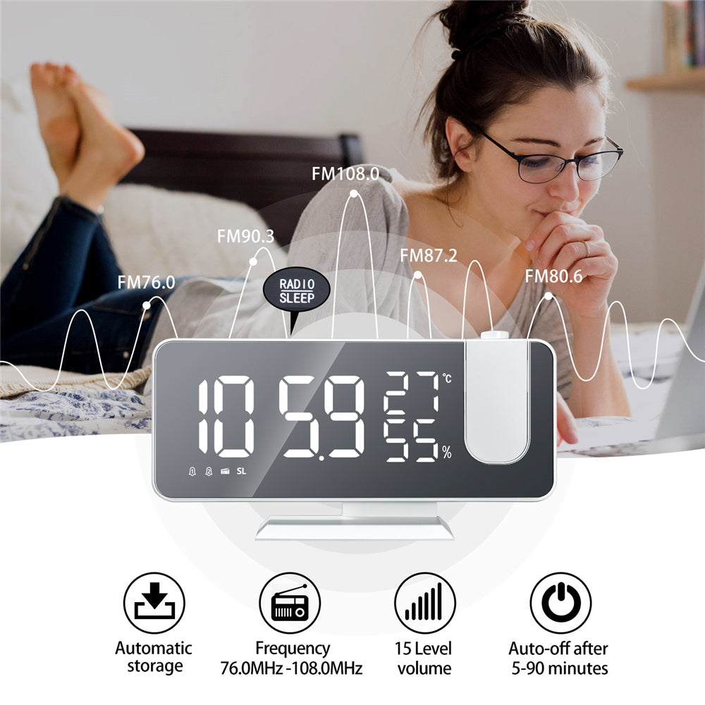 Rechargeable LED Mirror Alarm Clock with Big Screen, Temperature, Humidity Display, Radio, and Time Projection Function