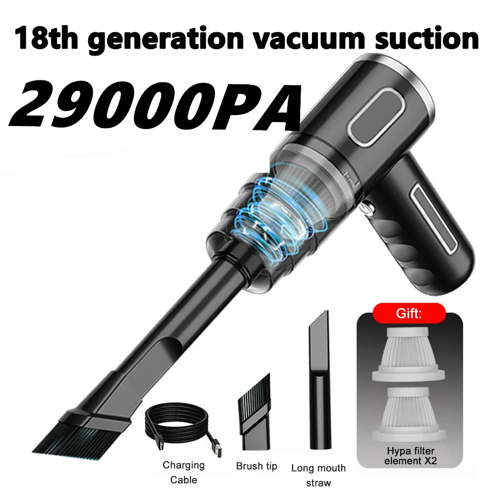 Powerful 29000Pa Wireless Car Vacuum Cleaner - USB Rechargeable, 2000mAh Battery, Portable Mini Wet and Dry Cleaning Appliance for Household Use