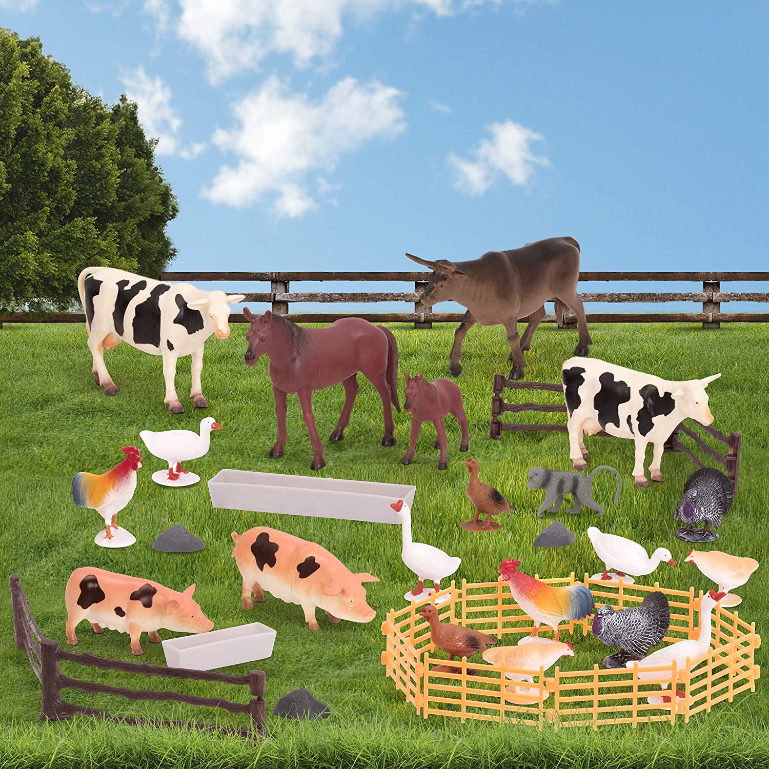 "Country World Farm Animal Toy Set - 60-Piece Miniature Farm Animal Figurines & Accessories for Kids - Includes Cows, Pigs, Bulls, Cats, and More - Suitable for Ages 3 and Up"