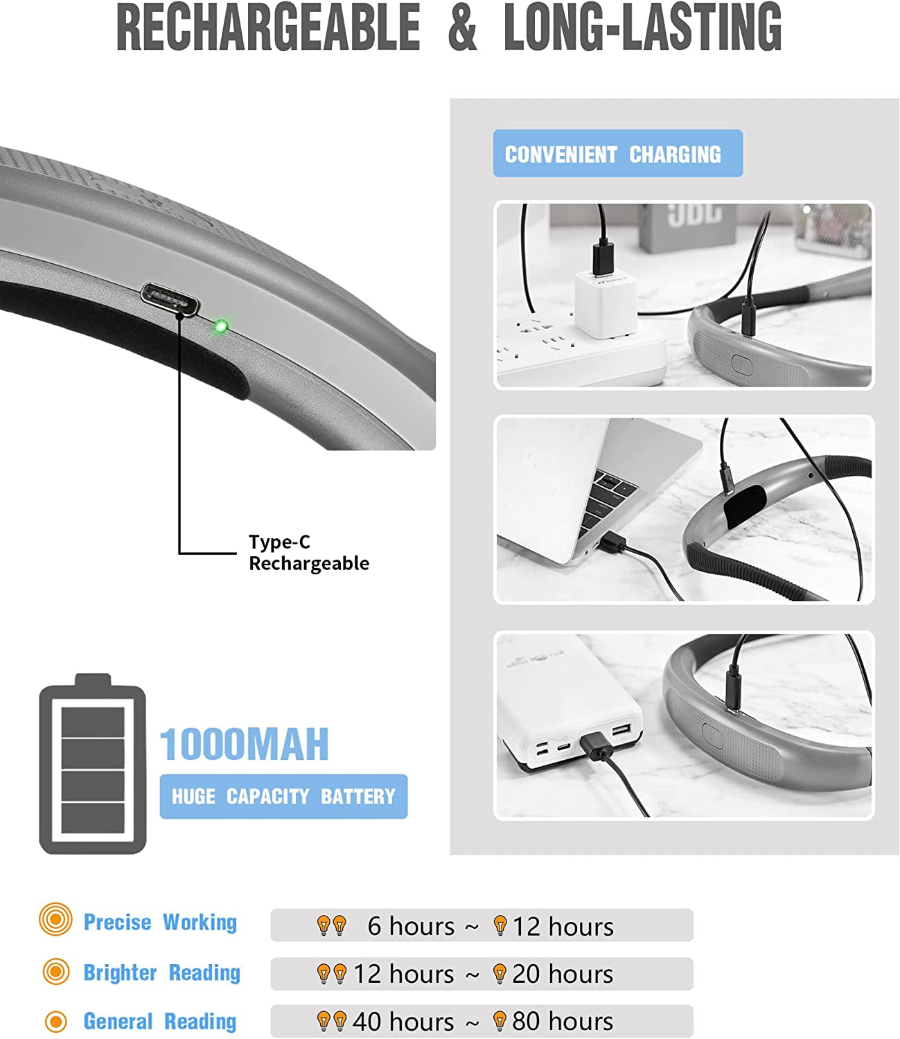 Rechargeable LED Neck Reading Light: 3 Colors, 6 Brightness Levels, Flexible Arms, Extended Battery Life - Ideal for Reading, Knitting, Camping, and Repairs