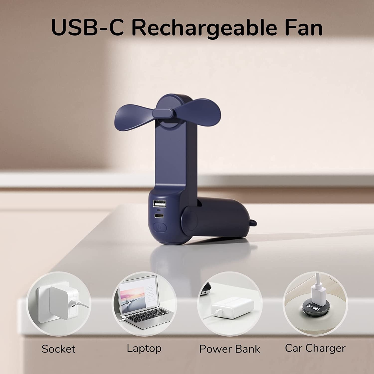 3-in-1 Portable Handheld Fan with Power Bank and Flashlight: USB Rechargeable Mini Fan for Women, Travel, and Outdoor Use (Blue) - Extended Working Hours [14-21 Hours]