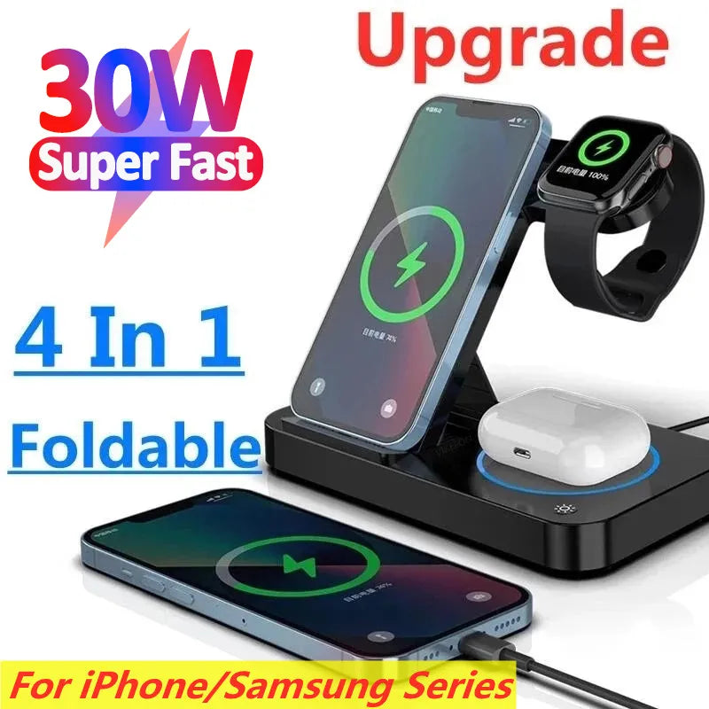  4-in-1 Foldable Wireless Charging Station: 30W Fast Charger for iPhone 14, 13, 12 Pro Max, AirPods, Samsung Galaxy Watch (6, 5, 4, 3) and S22, S21, S20