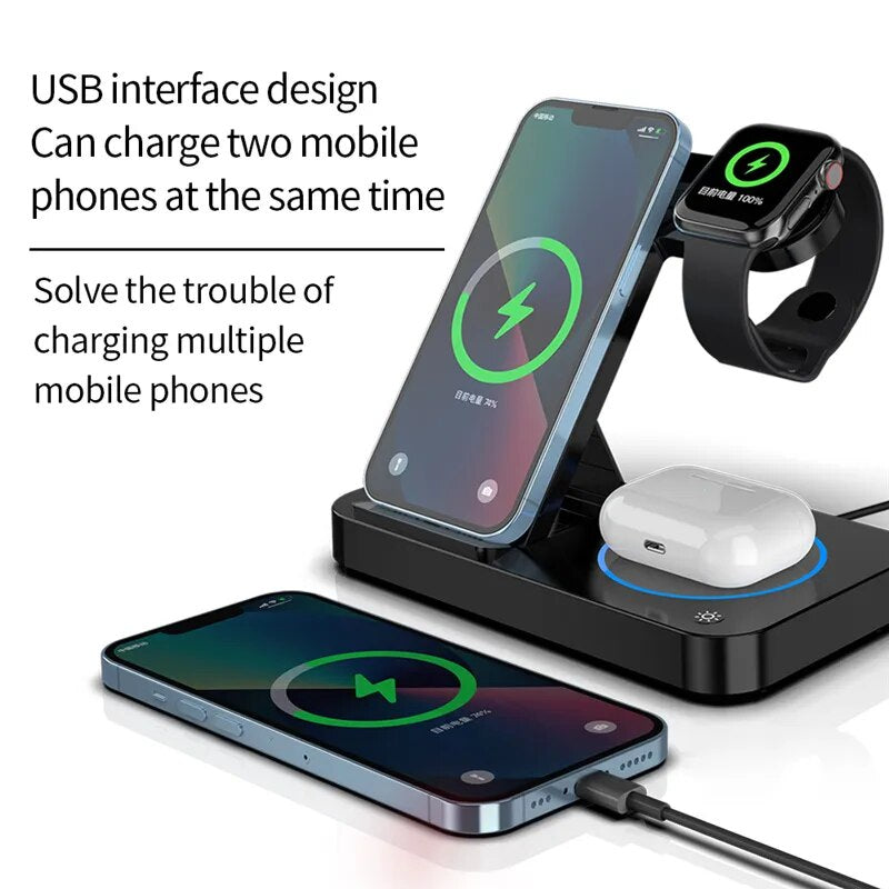  4-in-1 Foldable Wireless Charging Station: 30W Fast Charger for iPhone 14, 13, 12 Pro Max, AirPods, Samsung Galaxy Watch (6, 5, 4, 3) and S22, S21, S20