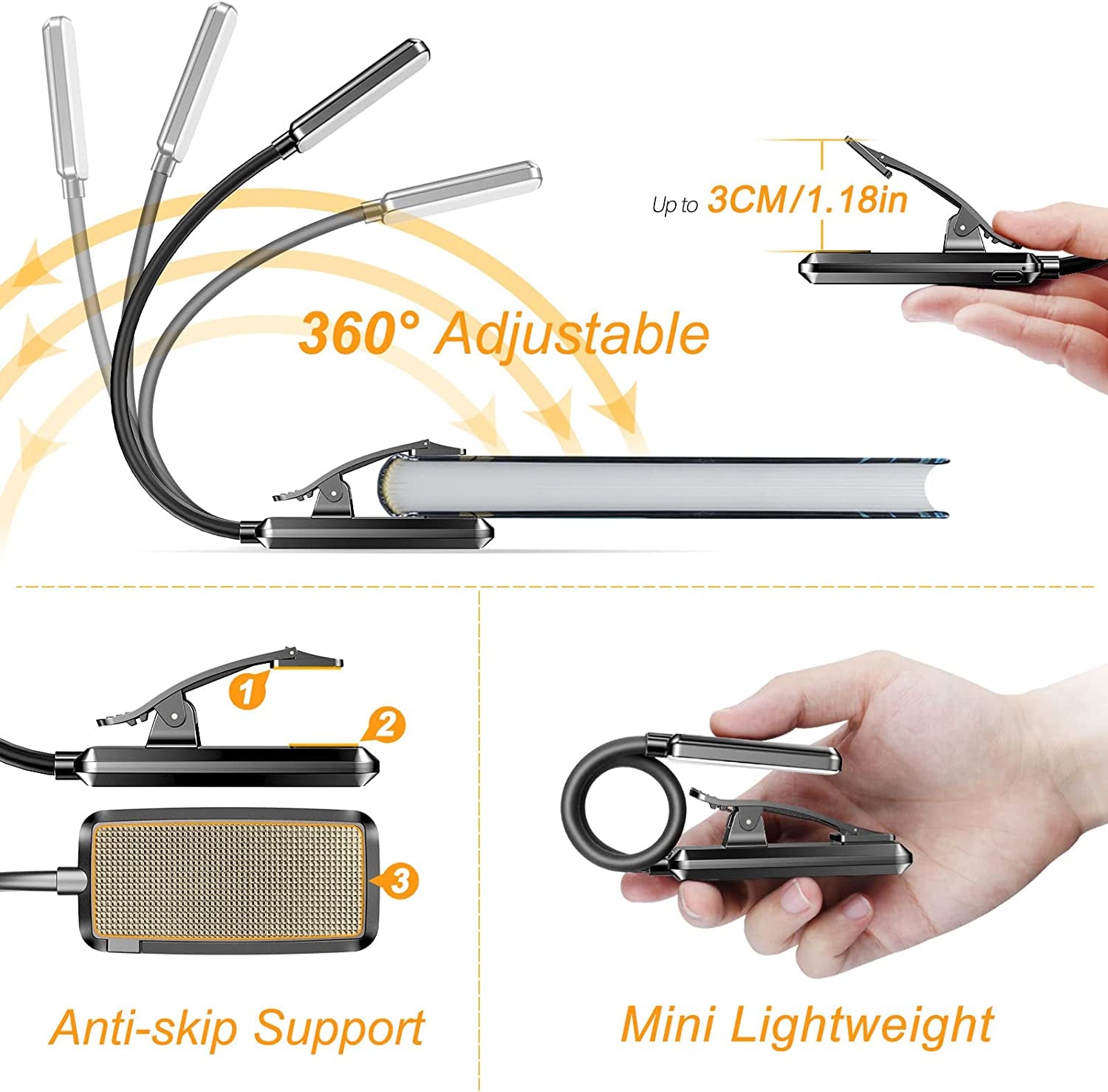 Rechargeable Book Light for Bedtime Reading: 9 LED Lamp with Power Indicator, 3 Eye-Friendly Modes, Stepless Dimming, Extended Battery Life, 360° Flexible Clip-On Reading Light