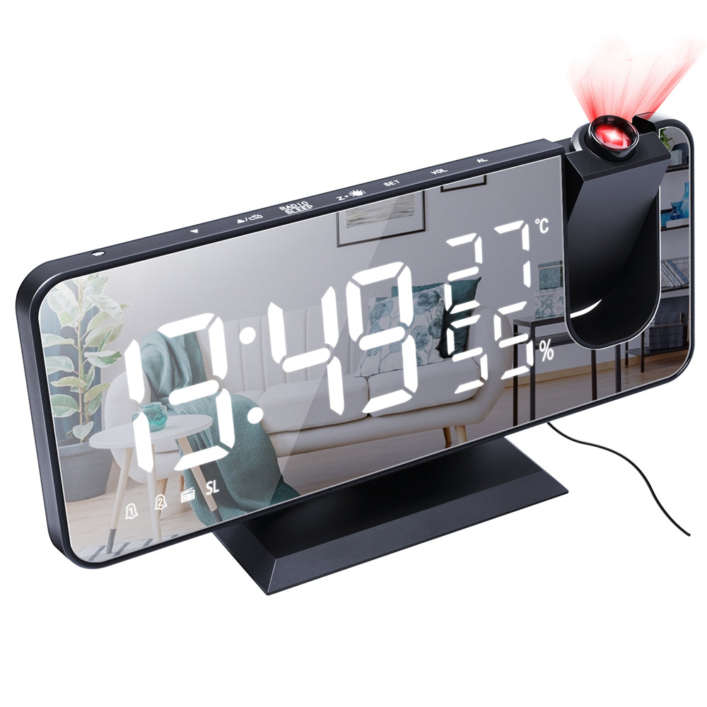 Rechargeable LED Mirror Alarm Clock with Big Screen, Temperature, Humidity Display, Radio, and Time Projection Function