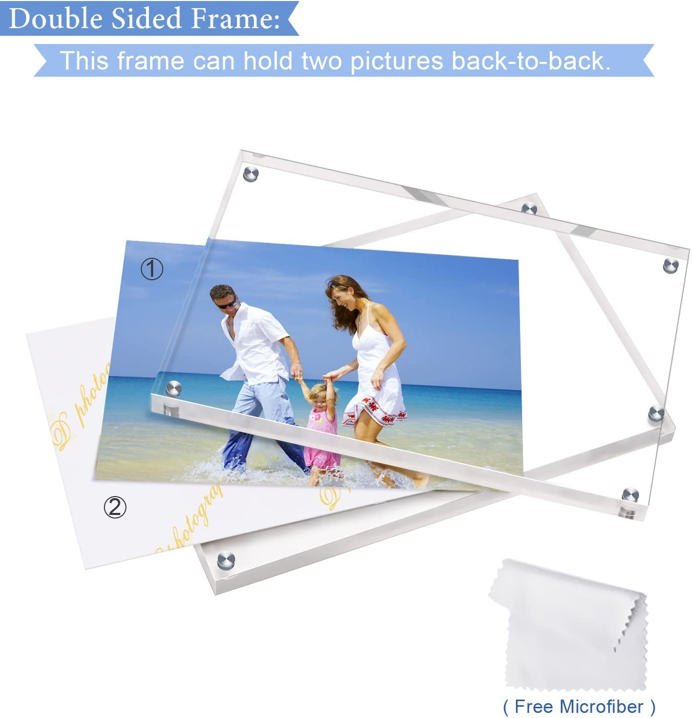 Clear Acrylic 5x7 Inches Double-Sided Magnetic Photo Frame with Free-Standing Desktop Design, 10mm Thickness, Includes Microfiber Cloth and Gift Box