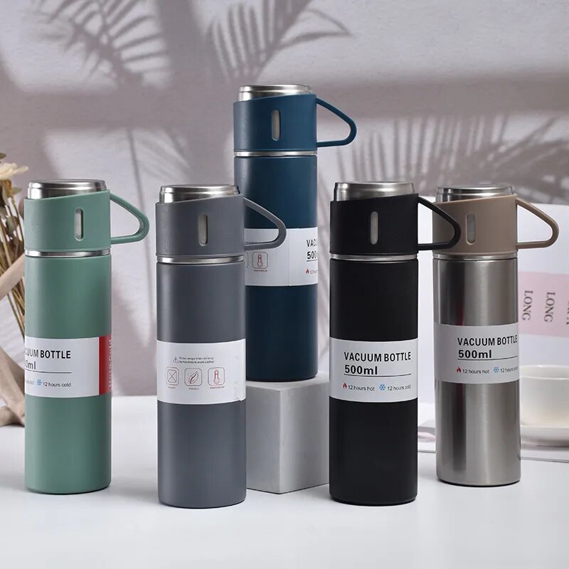 Stainless Steel Vacuum Flask Gift Set: Office & Business Style Thermos Bottle with 500ML Capacity, Ideal for Outdoor Hot Water, Thermal Insulation, and Couple's Use