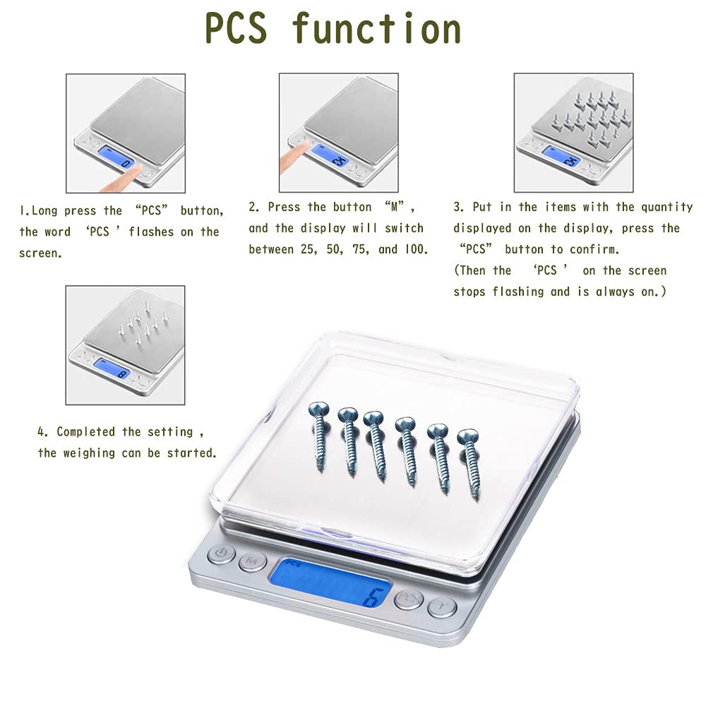 Compact Digital Kitchen Scale - 3Kg/0.1g Precision - Blue Backlit LCD - 6 Units - Auto Off - Tare & PCS Functions - Stainless Steel - Includes Battery and 150cm Soft Tape