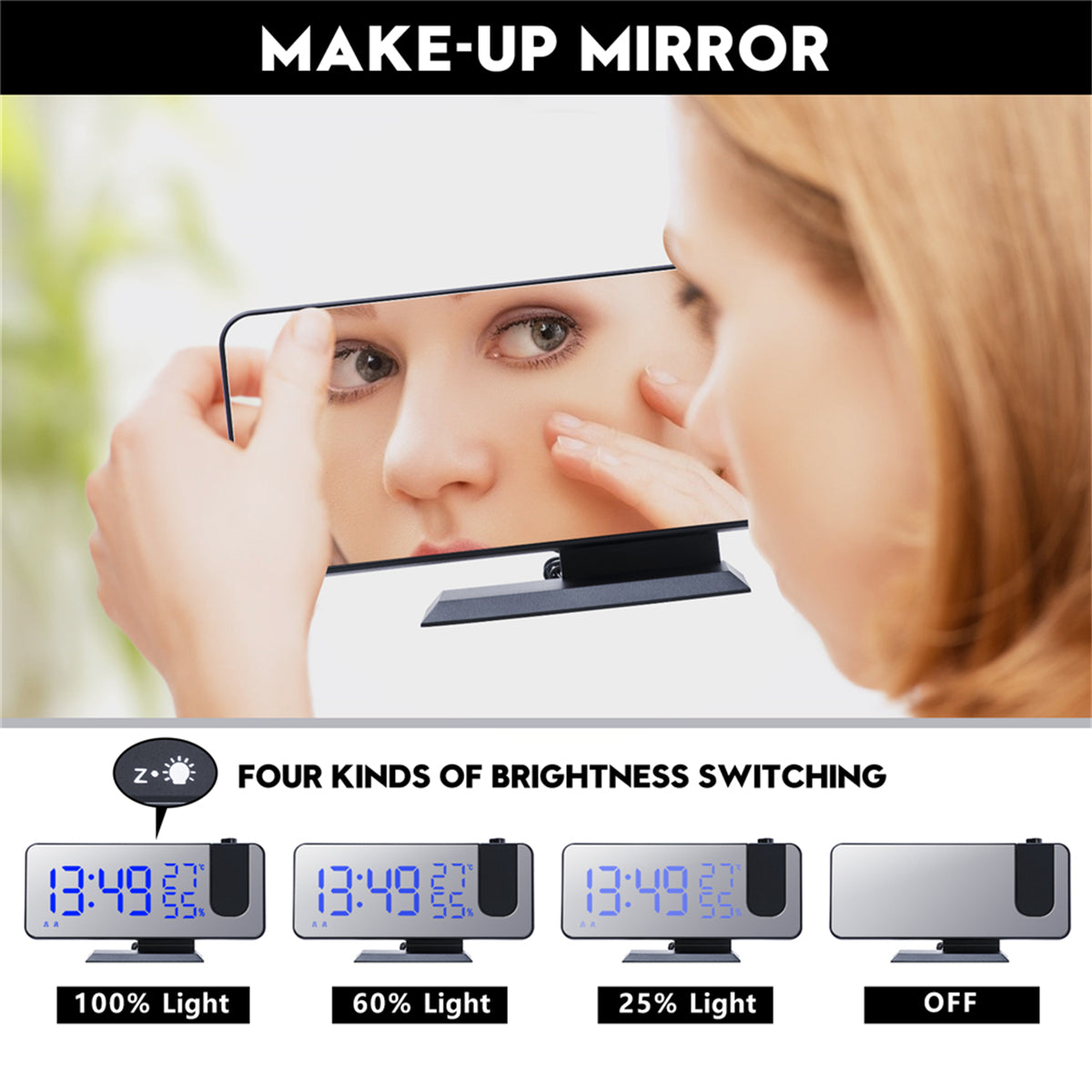 Rechargeable LED Mirror Alarm Clock with Big Screen, Temperature, Humidity Display, Radio, and Time Projection Function