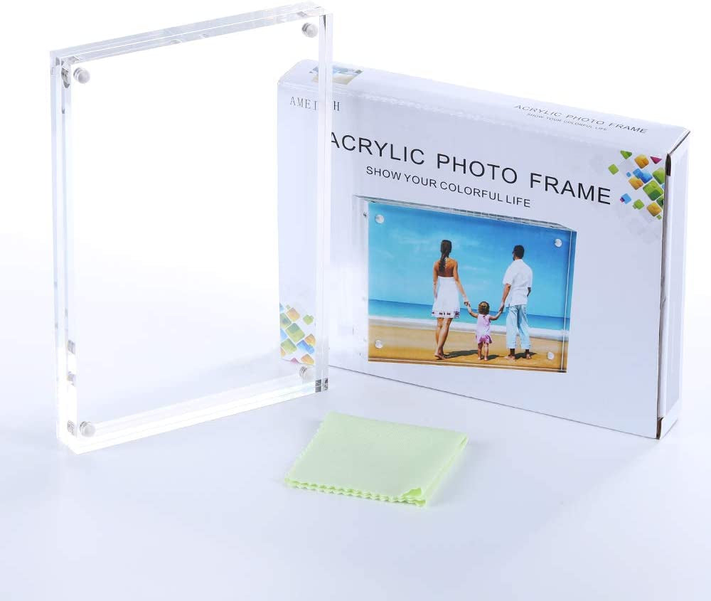 Clear Acrylic 5x7 Inches Double-Sided Magnetic Photo Frame with Free-Standing Desktop Design, 10mm Thickness, Includes Microfiber Cloth and Gift Box