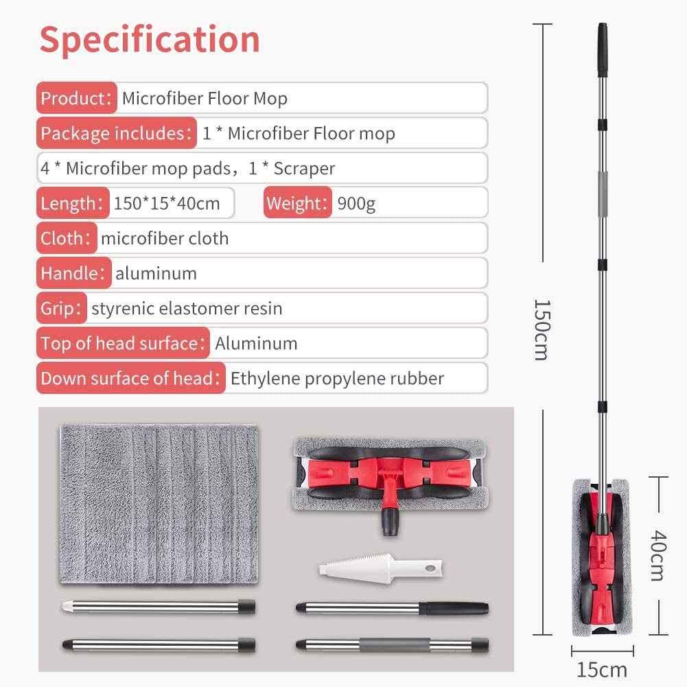 Efficient Cleaning Solution: Extendable Aluminum-Handled Microfiber Mop with 360° Rotation, 4 Washable Pads, and Handy Scraper