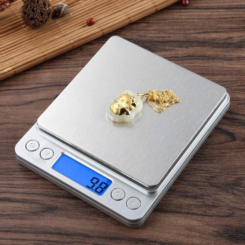 Compact Digital Kitchen Scale - 3Kg/0.1g Precision - Blue Backlit LCD - 6 Units - Auto Off - Tare & PCS Functions - Stainless Steel - Includes Battery and 150cm Soft Tape