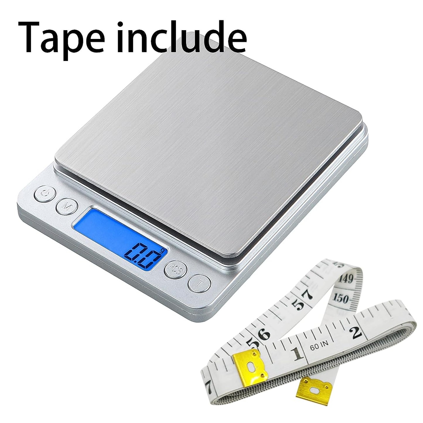 Compact Digital Kitchen Scale - 3Kg/0.1g Precision - Blue Backlit LCD - 6 Units - Auto Off - Tare & PCS Functions - Stainless Steel - Includes Battery and 150cm Soft Tape