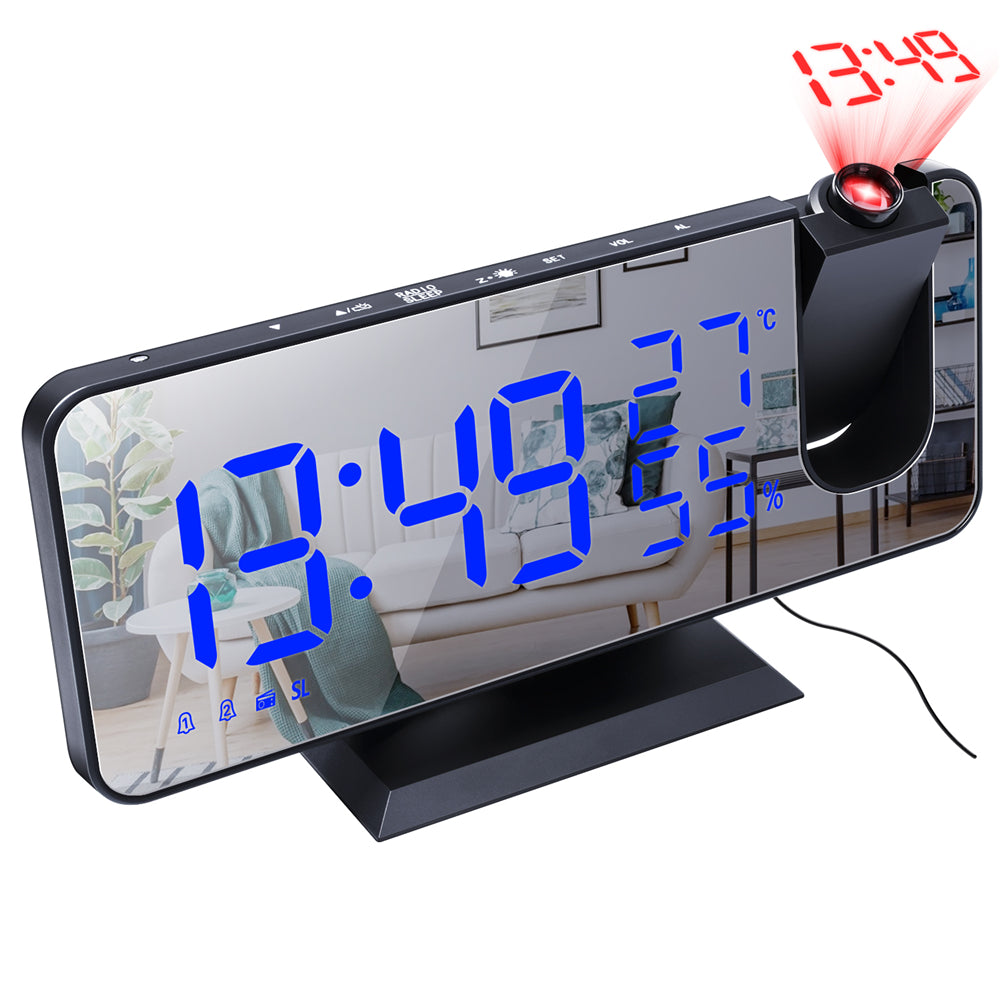 Rechargeable LED Mirror Alarm Clock with Big Screen, Temperature, Humidity Display, Radio, and Time Projection Function