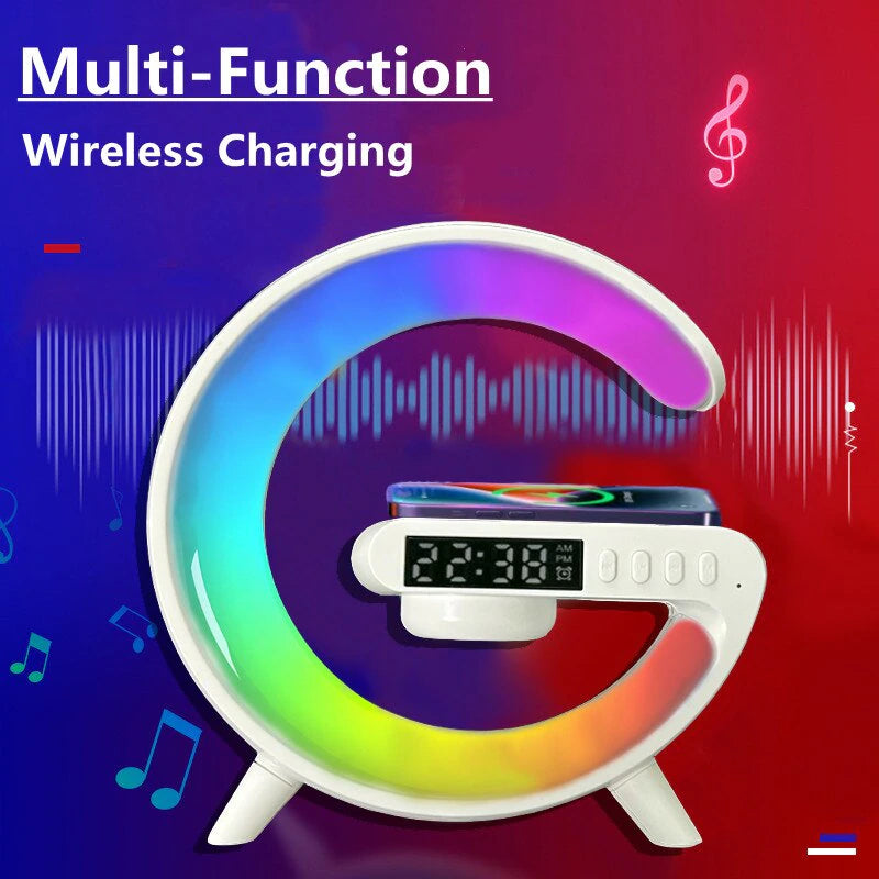 Compact Multifunctional Wireless Charger Stand with Speaker, TF Card Slot, RGB Night Light, and Fast Charging Support for iPhone, Samsung, Xiaomi, and Huawei