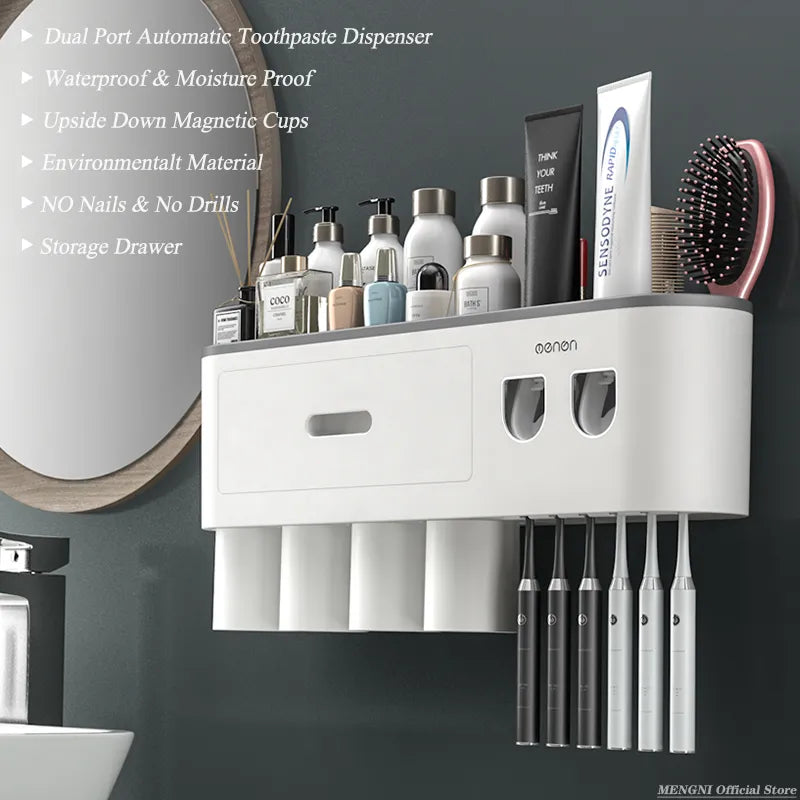 Magnetic Inverted Toothbrush Holder Wall-Mounted with Automatic Toothpaste Squeezer - Bathroom Storage Rack and Accessories