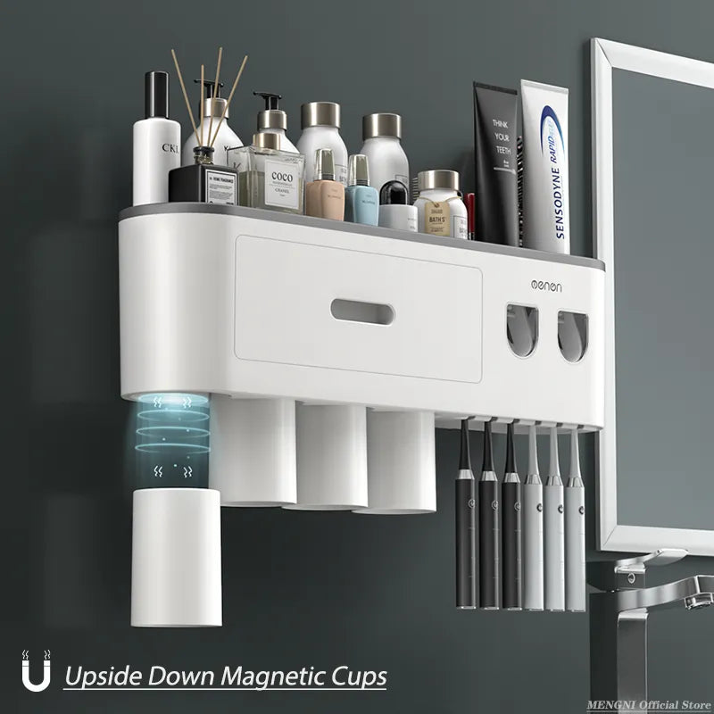 Magnetic Inverted Toothbrush Holder Wall-Mounted with Automatic Toothpaste Squeezer - Bathroom Storage Rack and Accessories