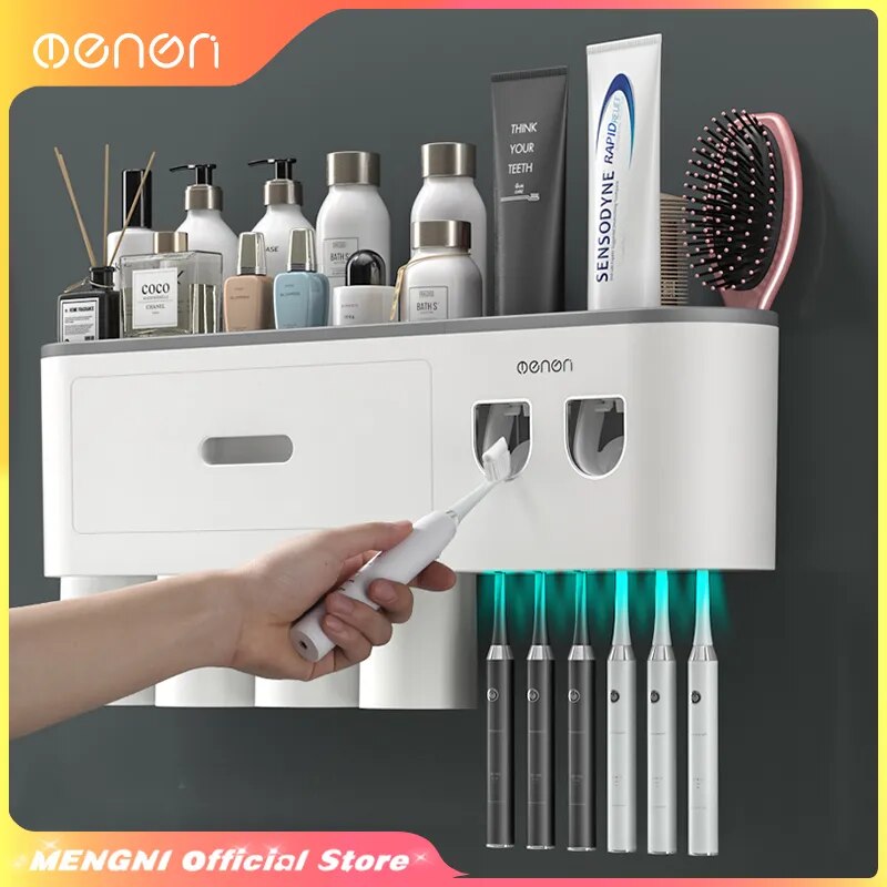 Magnetic Inverted Toothbrush Holder Wall-Mounted with Automatic Toothpaste Squeezer - Bathroom Storage Rack and Accessories