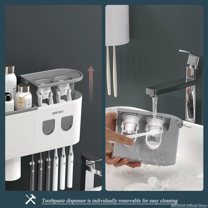 Magnetic Inverted Toothbrush Holder Wall-Mounted with Automatic Toothpaste Squeezer - Bathroom Storage Rack and Accessories