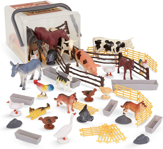 "Country World Farm Animal Toy Set - 60-Piece Miniature Farm Animal Figurines & Accessories for Kids - Includes Cows, Pigs, Bulls, Cats, and More - Suitable for Ages 3 and Up"