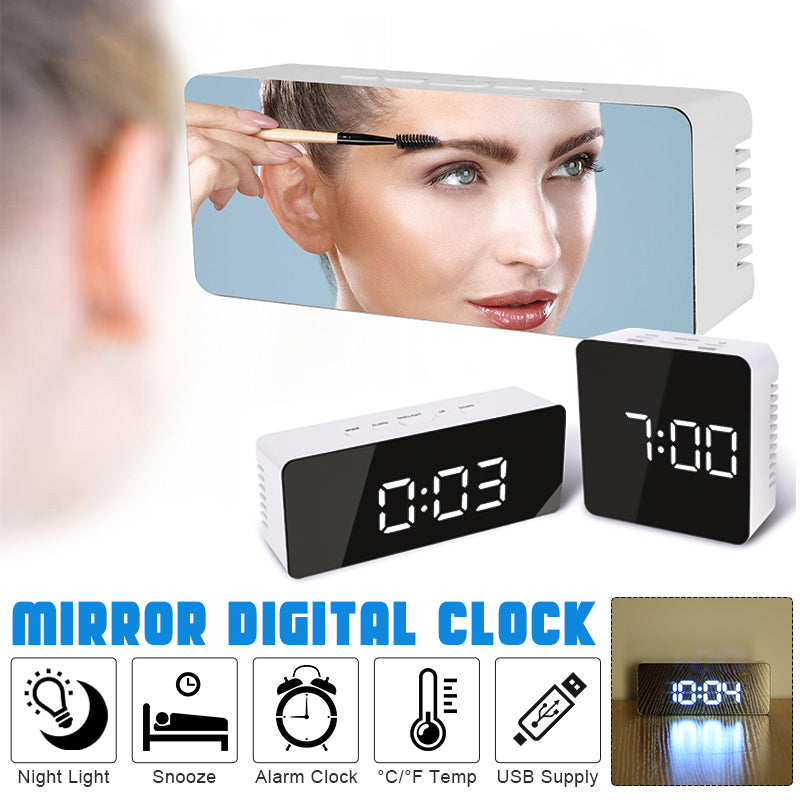 Mini Rectangle Square Mirror Clock - Electronic Alarm Desk Table Clock