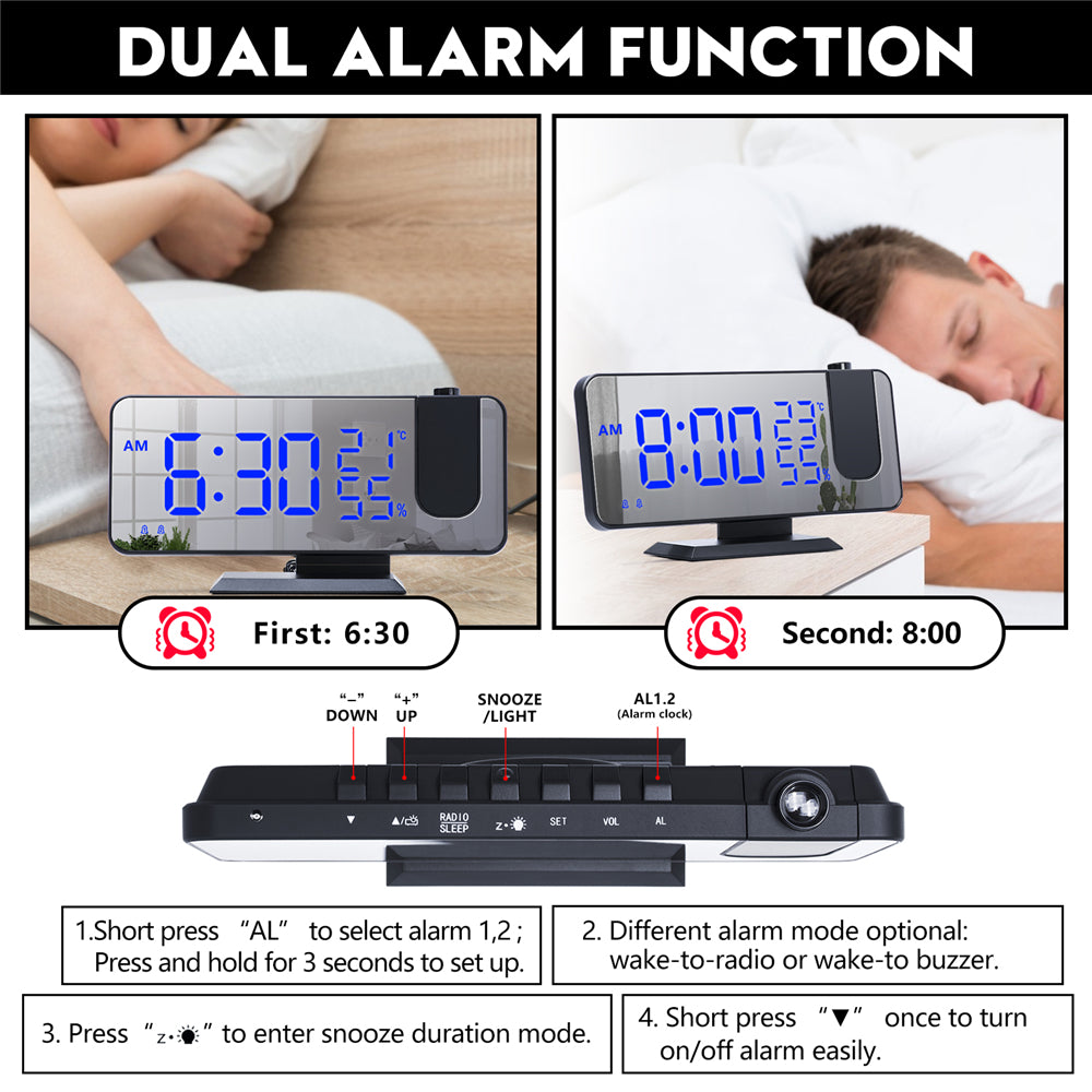 Rechargeable LED Mirror Alarm Clock with Big Screen, Temperature, Humidity Display, Radio, and Time Projection Function