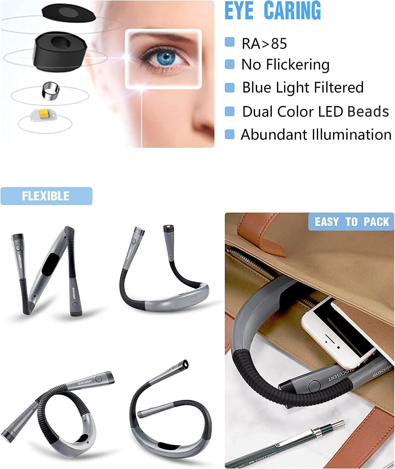 Rechargeable LED Neck Reading Light: 3 Colors, 6 Brightness Levels, Flexible Arms, Extended Battery Life - Ideal for Reading, Knitting, Camping, and Repairs