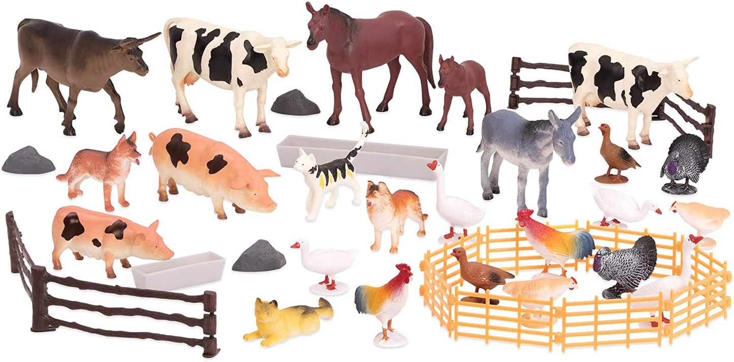 "Country World Farm Animal Toy Set - 60-Piece Miniature Farm Animal Figurines & Accessories for Kids - Includes Cows, Pigs, Bulls, Cats, and More - Suitable for Ages 3 and Up"