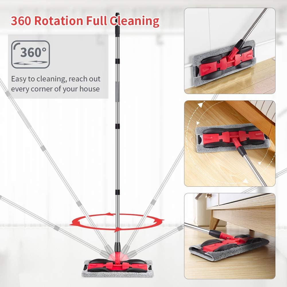 Efficient Cleaning Solution: Extendable Aluminum-Handled Microfiber Mop with 360° Rotation, 4 Washable Pads, and Handy Scraper