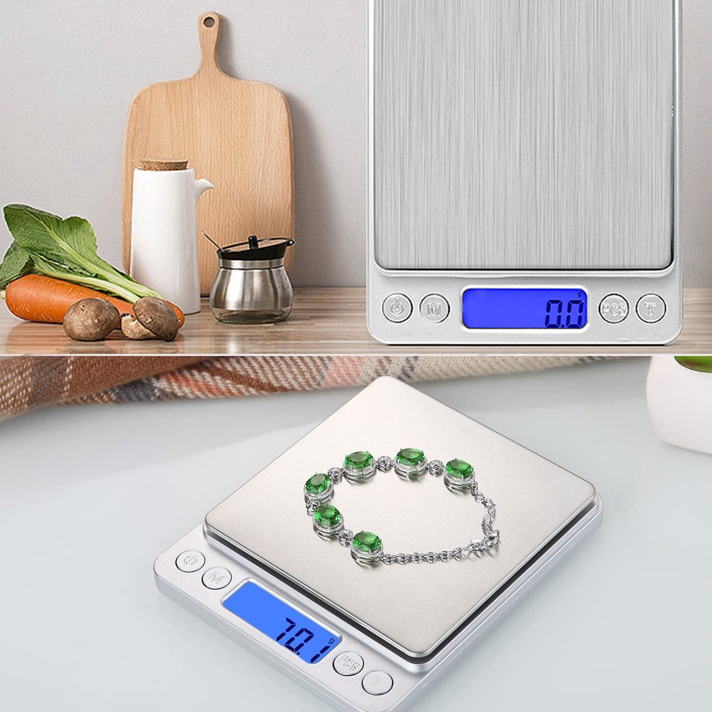 Compact Digital Kitchen Scale - 3Kg/0.1g Precision - Blue Backlit LCD - 6 Units - Auto Off - Tare & PCS Functions - Stainless Steel - Includes Battery and 150cm Soft Tape