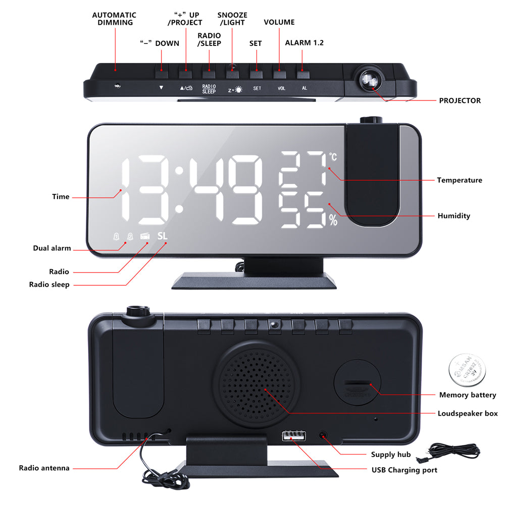 Rechargeable LED Mirror Alarm Clock with Big Screen, Temperature, Humidity Display, Radio, and Time Projection Function