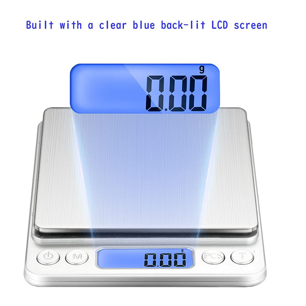 Compact Digital Kitchen Scale - 3Kg/0.1g Precision - Blue Backlit LCD - 6 Units - Auto Off - Tare & PCS Functions - Stainless Steel - Includes Battery and 150cm Soft Tape