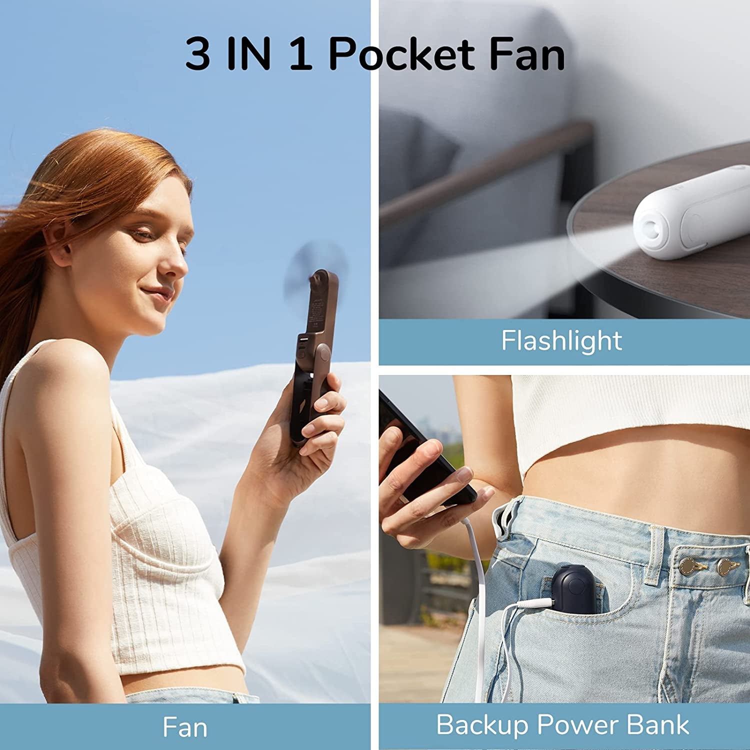 3-in-1 Portable Handheld Fan with Power Bank and Flashlight: USB Rechargeable Mini Fan for Women, Travel, and Outdoor Use (Blue) - Extended Working Hours [14-21 Hours]