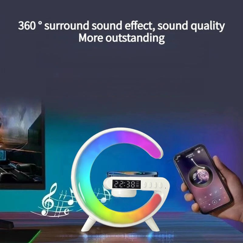 Compact Multifunctional Wireless Charger Stand with Speaker, TF Card Slot, RGB Night Light, and Fast Charging Support for iPhone, Samsung, Xiaomi, and Huawei